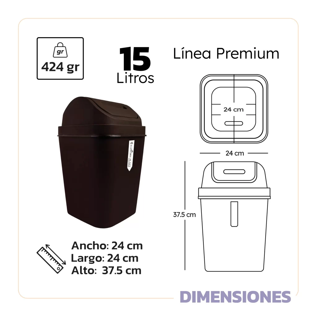 Papelera Cuadrada con Tapa Vaivén 15 Litros MEDIDAS Luxury Papelera Cuadrada con Tapa Vaivén 15 Litros Café Luxury